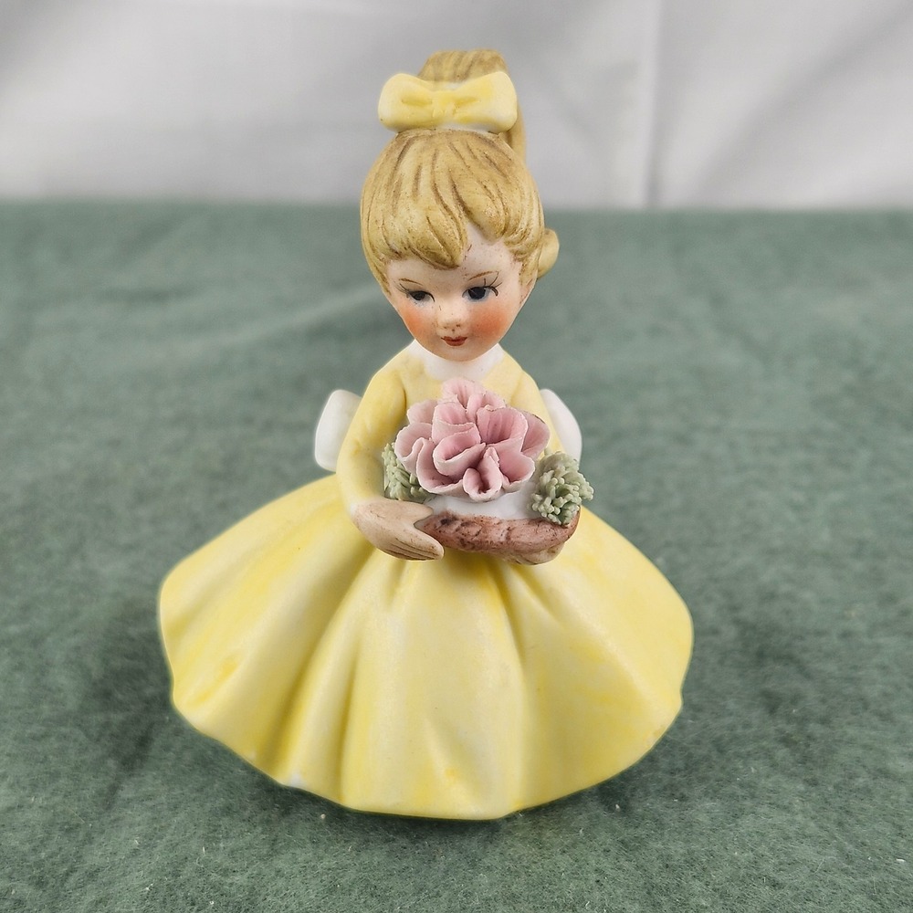 Napco Girl Figurine Pink Flower Basket Yellow Dress Hair Bow 8614